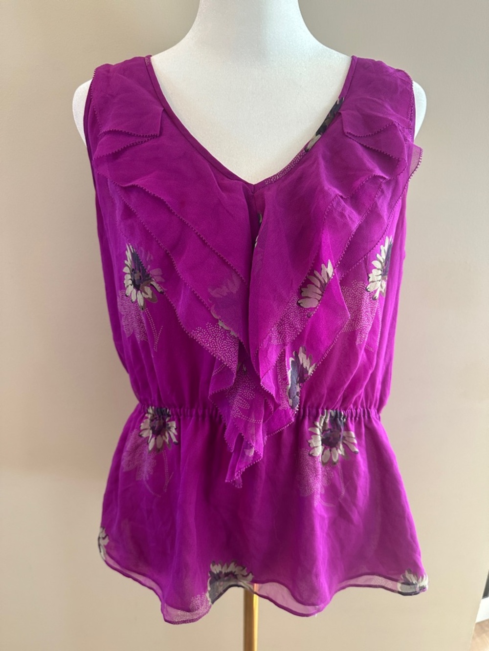 Rebecca Taylor Fuchsia Floral Ruffle V-Neck Sleeveless Camisole